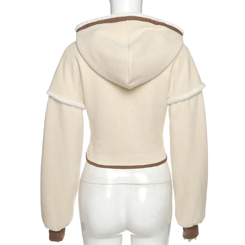 Pullover Pure Color Knitted Hoodie Patchwork Button Long Sleeve Waist Short Hoodie Women's All-match Pullover Warm Clothes