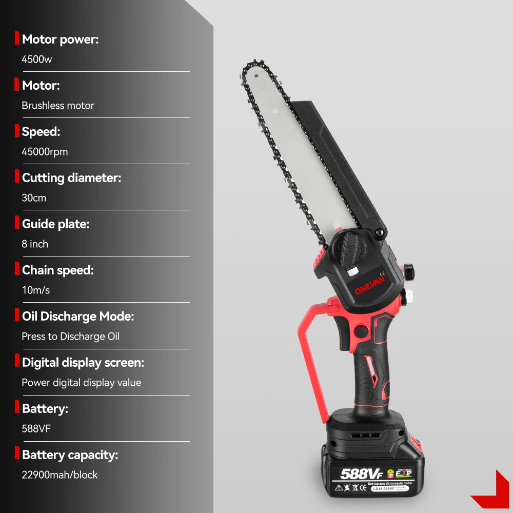 Electric Chainsaw ONEVAN 8 Inch Brushless Electric Chainsaw Cordless Portable Electric Saw Woodworking Power Tool for Makita 18V Battery Pin