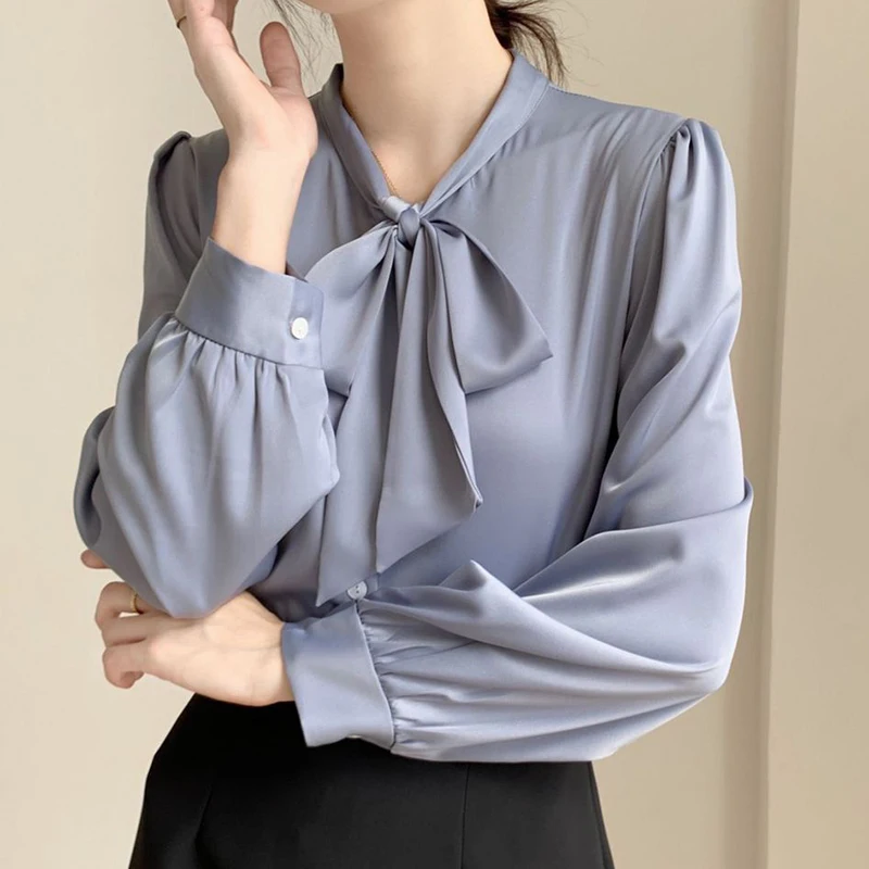 

Spring Autumn Women Elegant Shirts Bow V-Neck Long Sleeve Loose Satin Blouse Plus Size Solid Color Tops Fashion Women Clothing