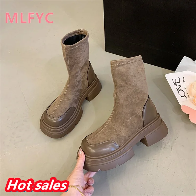 Showy Feet Small Thick Sole Retro British Style Women's Boots Summer 2023 New Brown Thick Heel Elevated Super Hot Short Boots