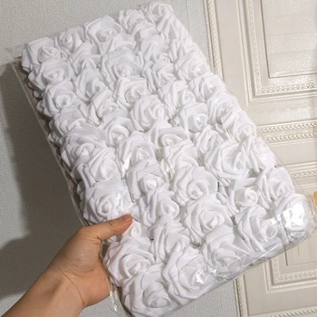 Rose artificielle PE blanche, 50 pièces/paquet, tête de fleur avec tige, Bouquet de bricolage, décoration de fête de mariage, fournitures pour Scrapbook 1