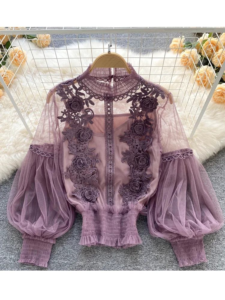 بلوزات صيفية أنيقة من الدانتيل على الطراز الكوري ملابس نسائية غير رسمية بأكمام طويلة بلوزات نسائية أنيقة Estilosa Y338