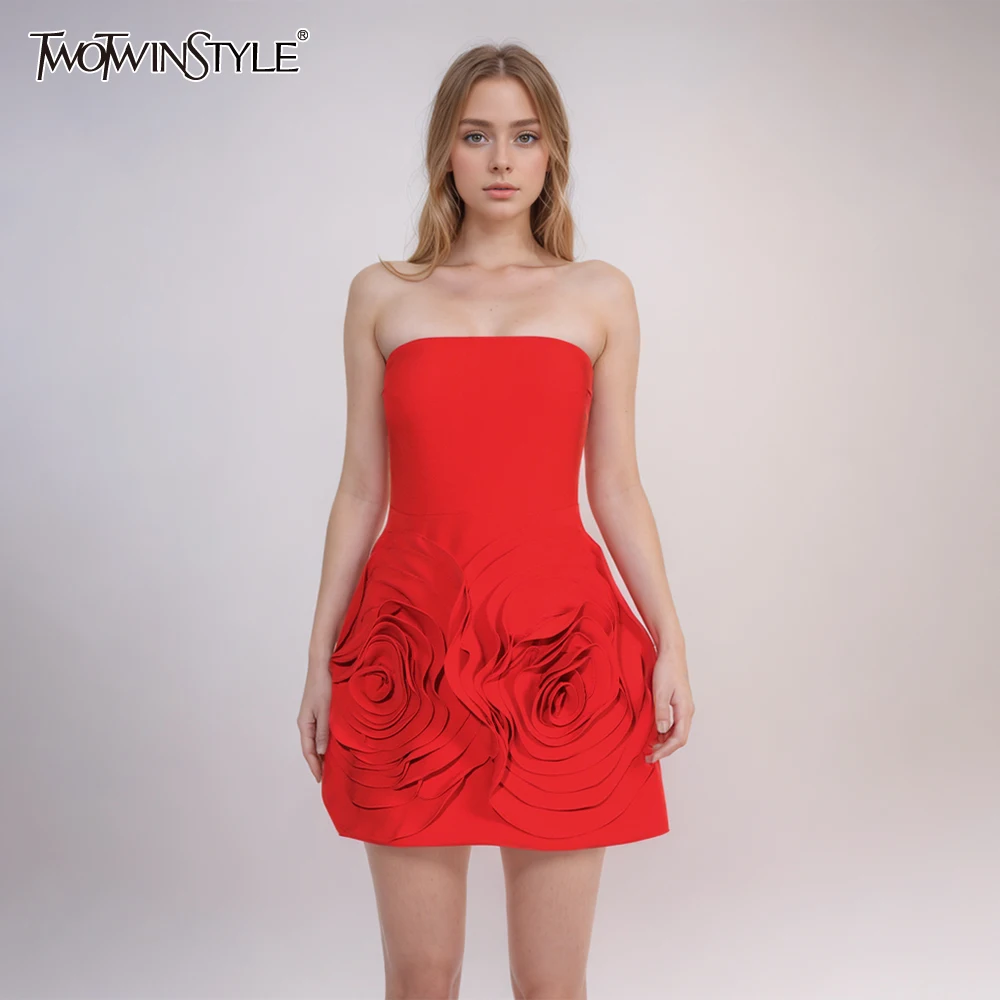 

TWOTWINSTYLE Solid Sexy Patchwork Appliques Dress For Women Strapless Sleeveless High Waist Formal Dresses Female New KDR501614