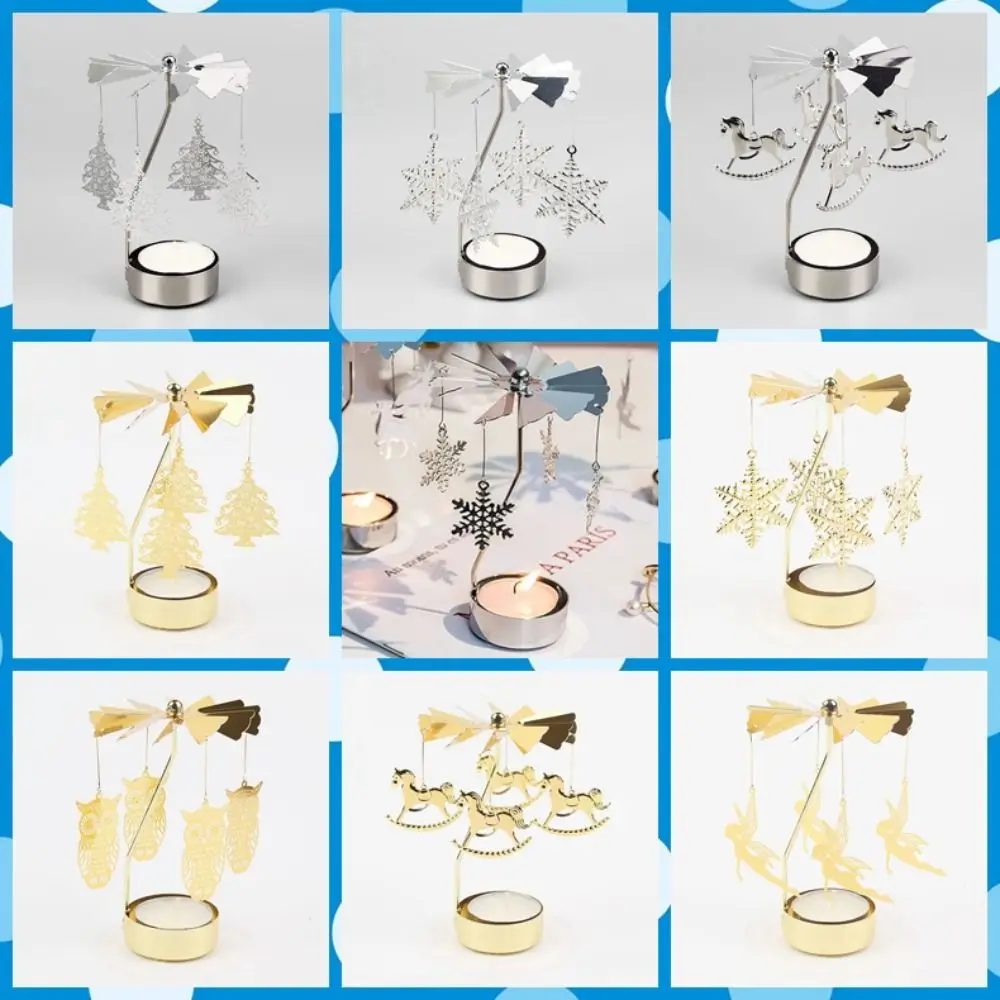 Metal Rotating Tea Light Holder Gold Silver Hollow Christmas Rotating Candle Holder Angel Carousel Pattern candle holders