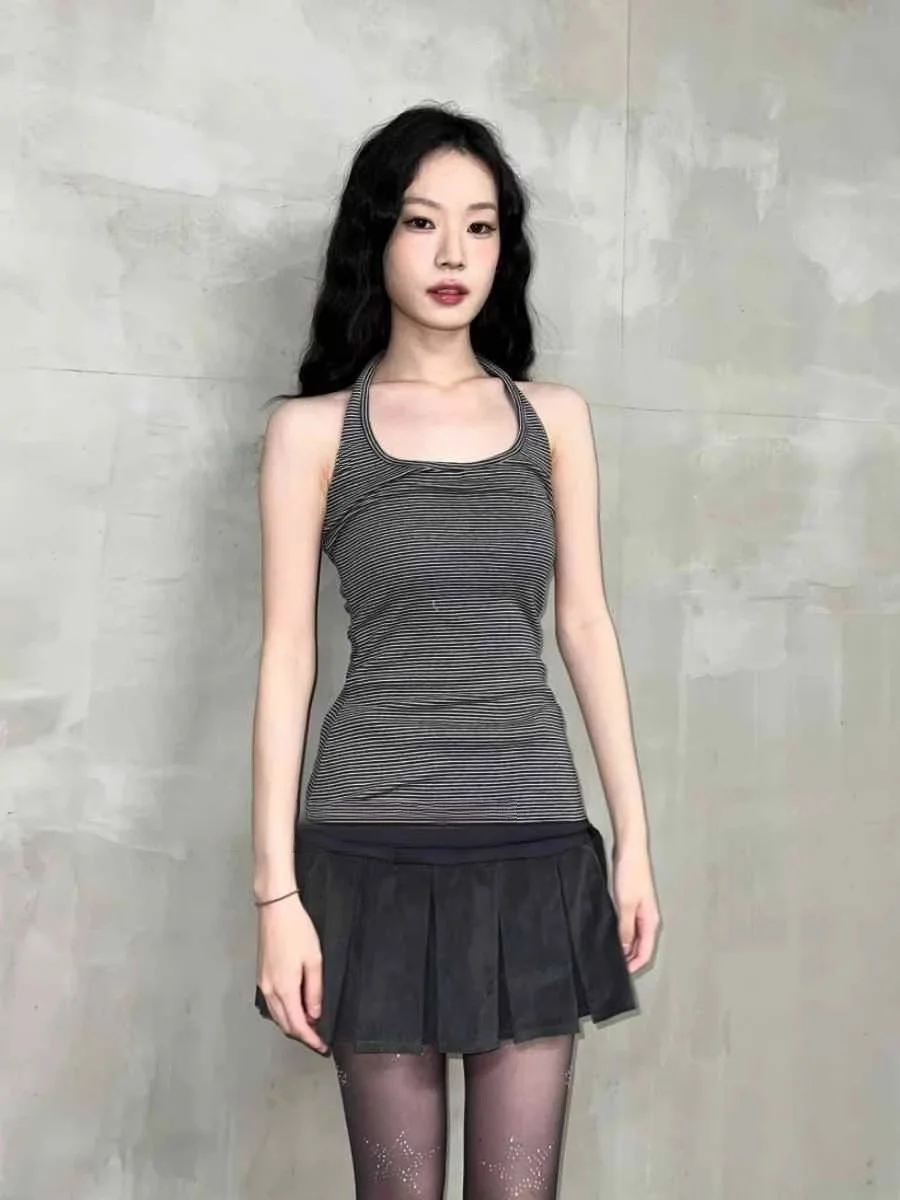 Unique SEI Korean Sle Slimming Striped Low Ne Hanging Strap Base Tank Top Trendy Commute Long Sve T-irt for Young Women