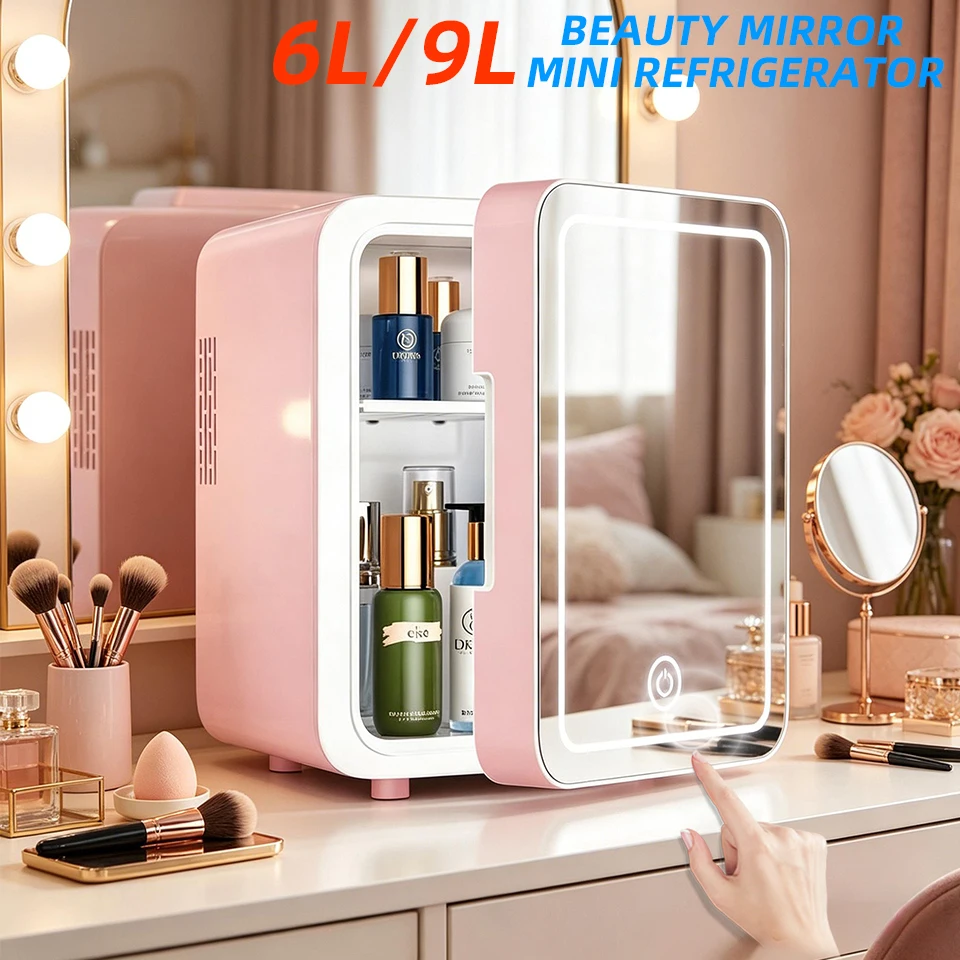 6L/9L LED Mirror Mini Fridge With Light 12V 240V Portable Cosmetic Refrigerator Cooler Warmer for Car Home Makeup Skincare 1