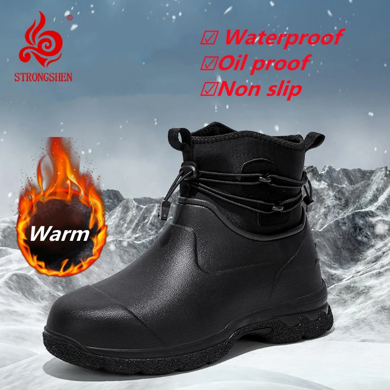 

STRONGSHEN Men Boots Waterproof Oilproof Rain Boots Winter Warm Plush Work Hiking Snow Boots Rubber Antiskid Safe Fishing Shoes