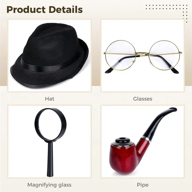 Detective Costume Classic Book Novel Character Iconic Deerstalker Hat Pipe Prop Magnifying Glass For 1920s Detective Role Play