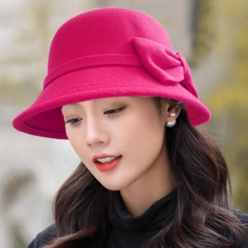 Fashion Hat Women Bow-knot Korean Woolen Felt Fedoras Vintage Elegant Bucket Cap