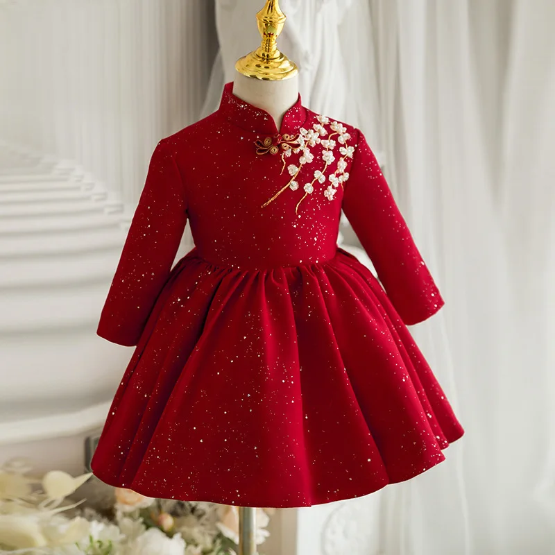 

Chinese Style Ball Gown Flower Girl Burgundy Embroidery Dress First Communion Dress Princess Wedding Party Dress