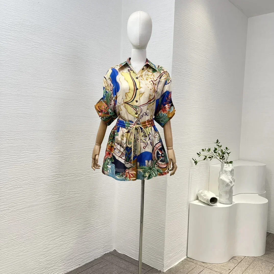 

Newest Women Silk Nautical Map Print Short Sleeve Patch Pocket Blouses and Drawstring Elastic High Waist Shorts Two Piece Set