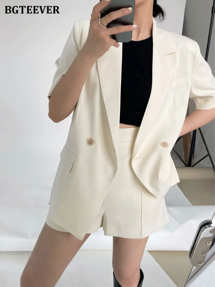 

BGTEEVER новые летние шорты костюмы для женщин с английским воротником короткий рукав жакцет и высокой талией широкие шорты женские комплект из 2 частей