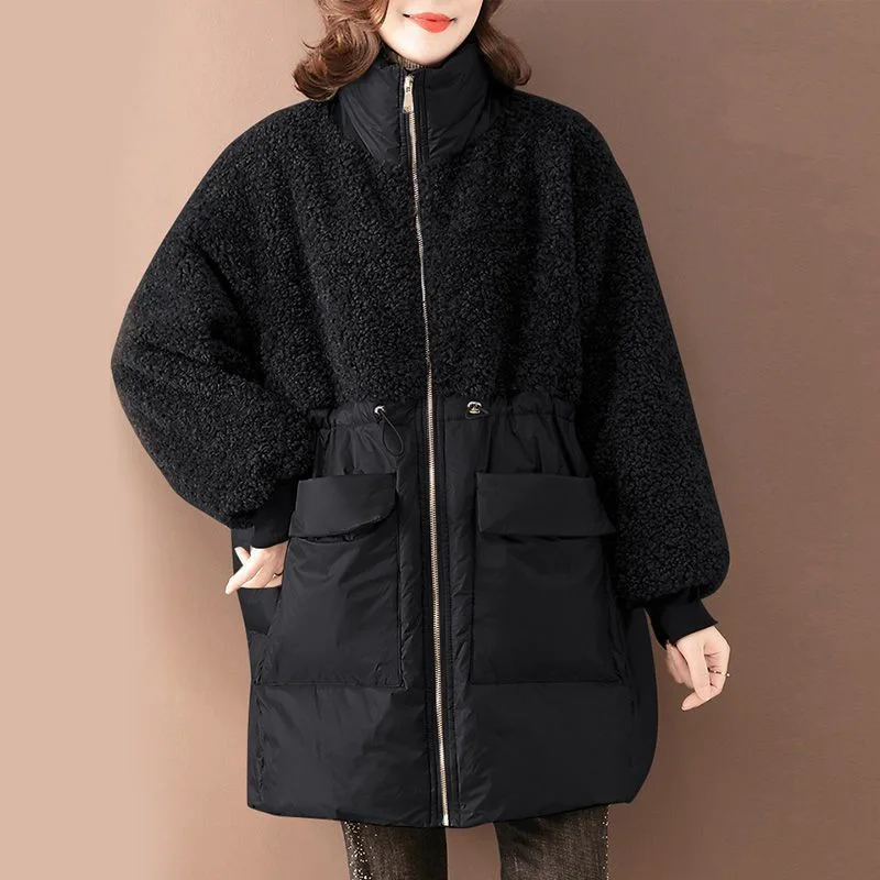 Cotton-padded women mid-length winter fashion stitching lamb wool cotton-padded loose large size warm cotton-padded jacket woman