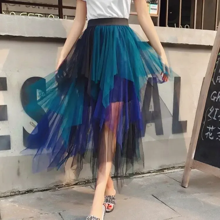 

Gradient Color Irregular Tulle Skirt Spring and Summer High Waist Bubble Skirt Long Woman Skirts Mujer Faldas Saias Mulher