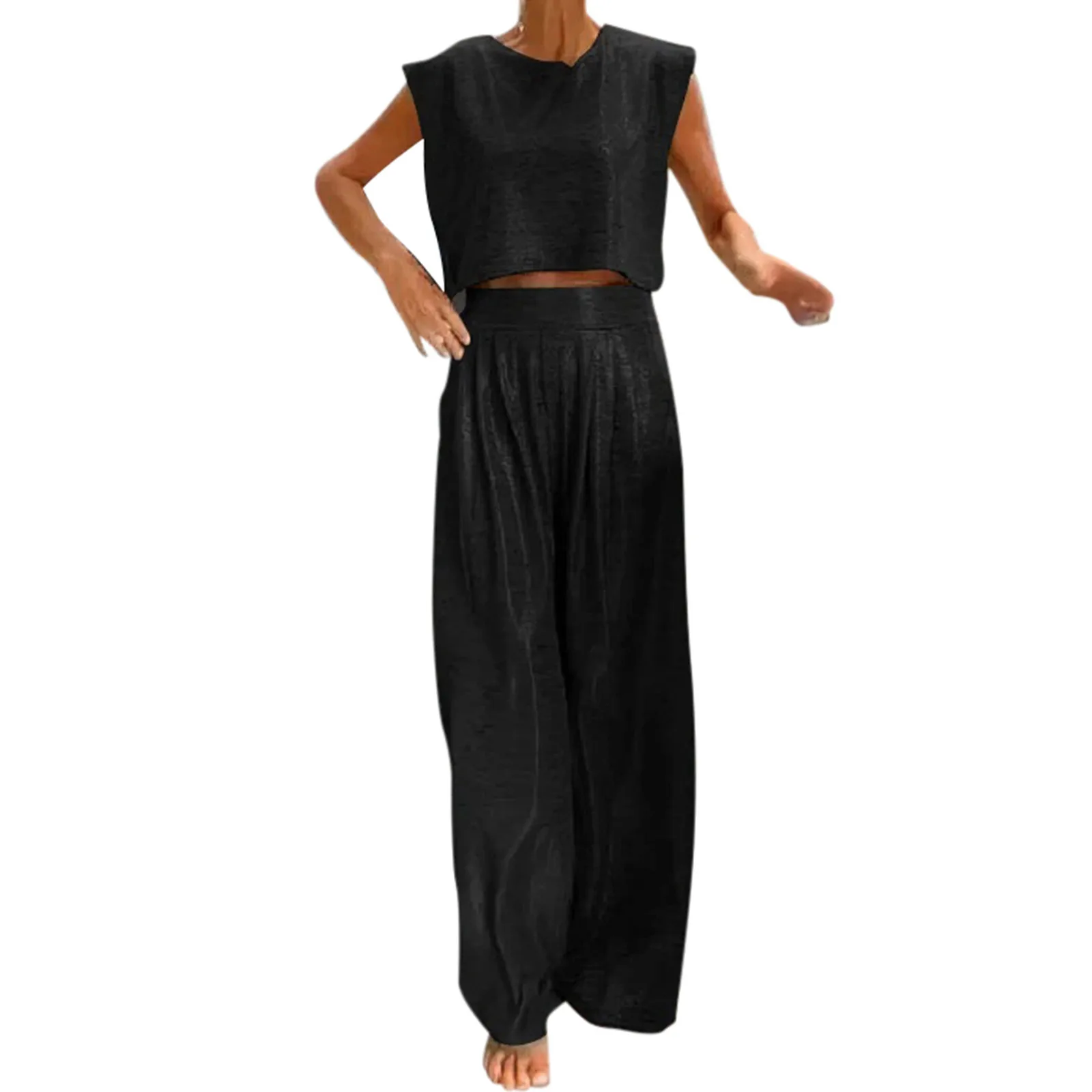 Description Picture 5 of itemWomen 2 Piece Set Outfit Women'S Casual Glossy Vest And Wide Leg Pants Two Piece Set Round Neck Sleeveless Crop Top 트레이닝복 세트
