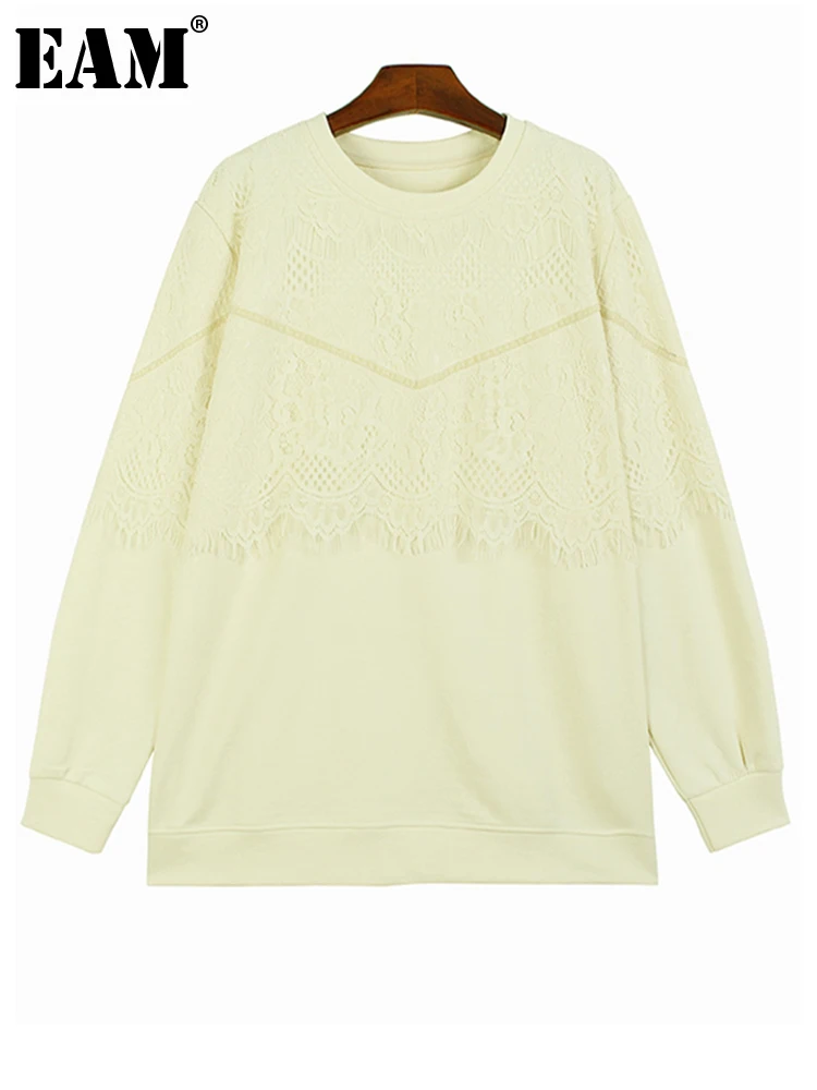 

[EAM] Loose Fit Apricot Lace Sweatshirt New Round Neck Long Sleeve Women Big Size Fashion Tide Spring Autumn 2024 1DH2739