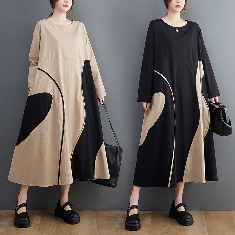 

#6812 Black Khaki Spliced Color Long Sleeve T Shirt Dress Women Loose Vintage Midi Dress Female Round Neck Tshirt Dress Autumn