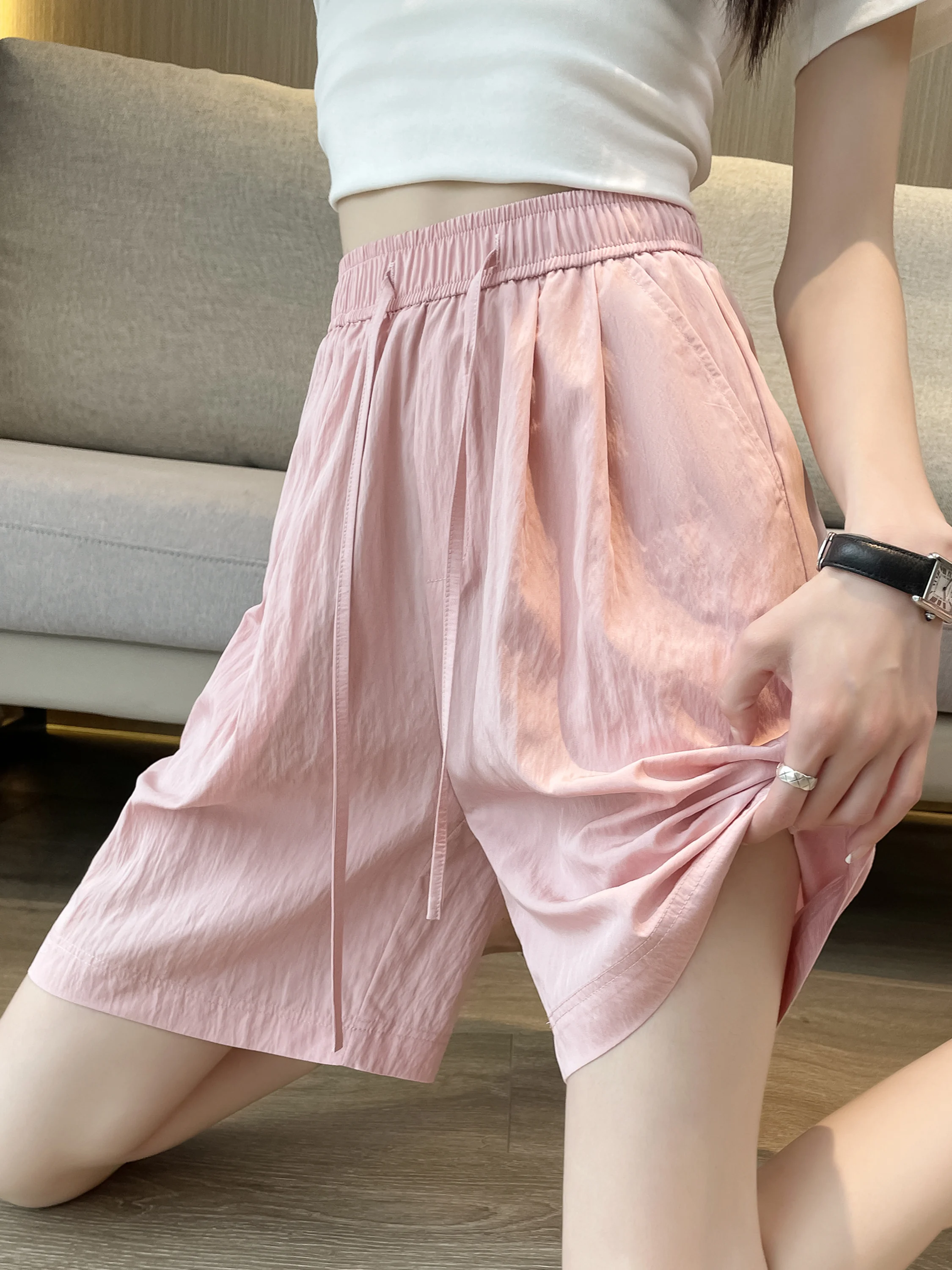 

Elastic Waist Pockets Shorts Solid Casual High Waisted Hot Pants Sports Shorts Women's Shorts Bottoms Homewear Ice Slik V178