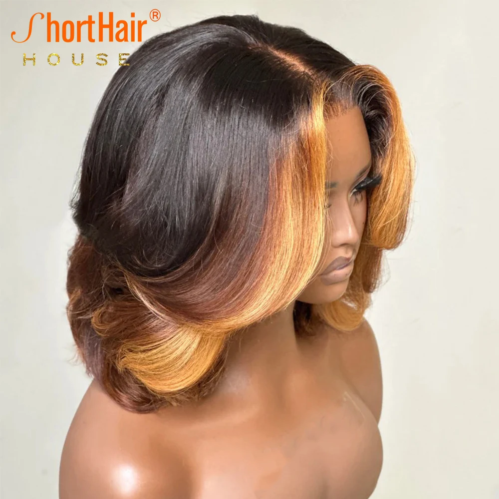 Glueless Wigs Human Hair Highlight Blonde Lace Closure Wavy Human Hair Wigs Brazilian Layered Cut 360 Lace Bob