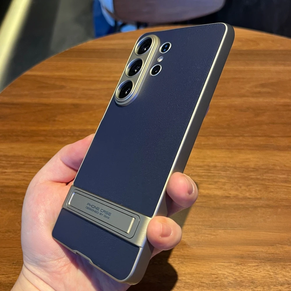 Business Lichee Leather Matte Phone Case with Invisible Stand and Plating Finish