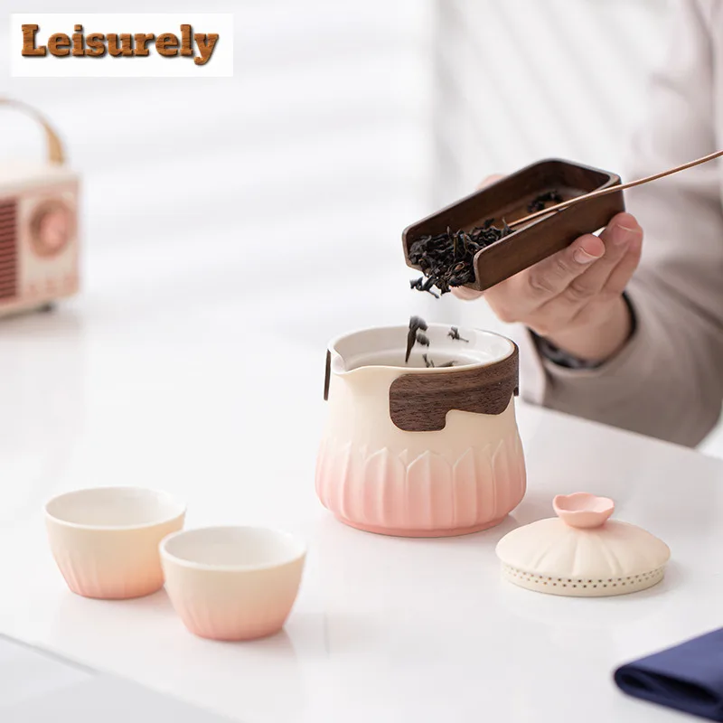 Gradient Ramp Lotus Travel Tea Set Kit Traditional 1 Pot 3 Cups Tea Maker Organizer Portable Camping Tote Bag Accessories Craft