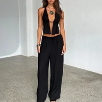 Pantalon à rayures et dos nu pour femme, tenue d'été à la mode, col licou, pantalon à jambes larges, ensemble de vêtements 2 pièces 3