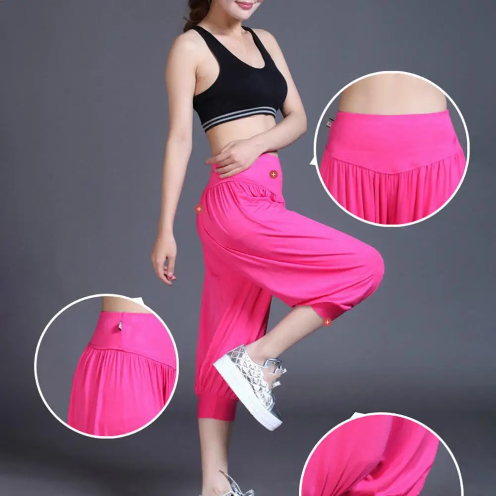 

Women Cropped Pants Yoga Cropped Pants with Wide Elastic Waistband for Women Dance Performance Summer Bloomers Solid Colors