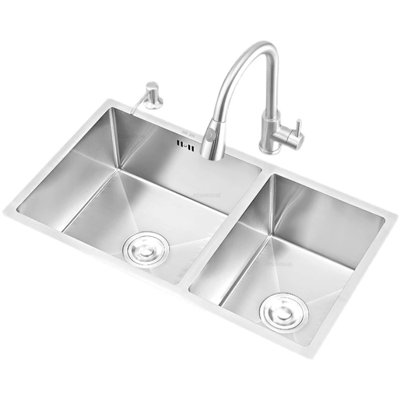 Home Stainless Steel Kitchen Sinks Kitchen Accessories Dish Drainer Handmade Double-slot Modern Embedded Under-counter Washbasin