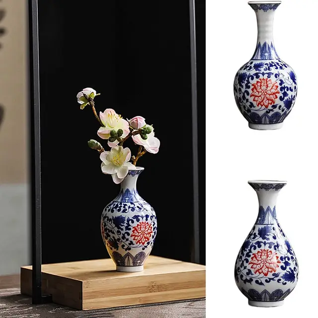 Blue and White Small Porcelain Vases Mini Vintage Ceramic Flower Vase Handmade Strong Chinese Style Desktop Ornament Office