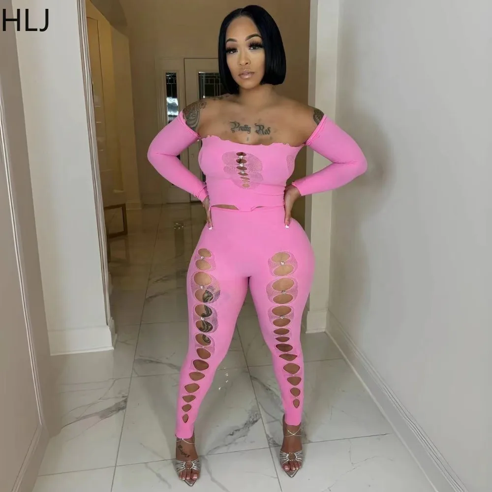 HLJ Sexy Hollow Hole Off Shoulder Skinny Pants Two Piece Sets Women Long Sleeve Crop Top + Pants Outfits Female Nightclub Suits