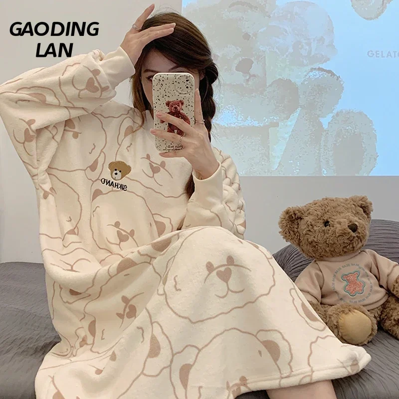 

Winter Thick Warm Women Long Sleeve Flannel Nightgowns Cartoon Big Head Bear Female Coral Velvet Nightdress Sweet Home Sleepwear