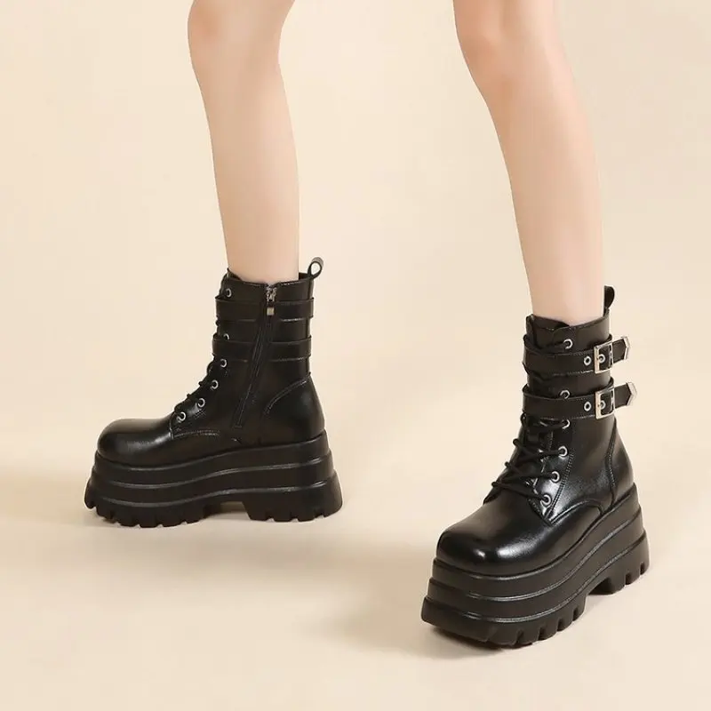 Black Patent Leather Boots For Women Platform Faux Leather Ankle Boots Thick Bottom Fashion New Spring and Fall Plus Size 41 42