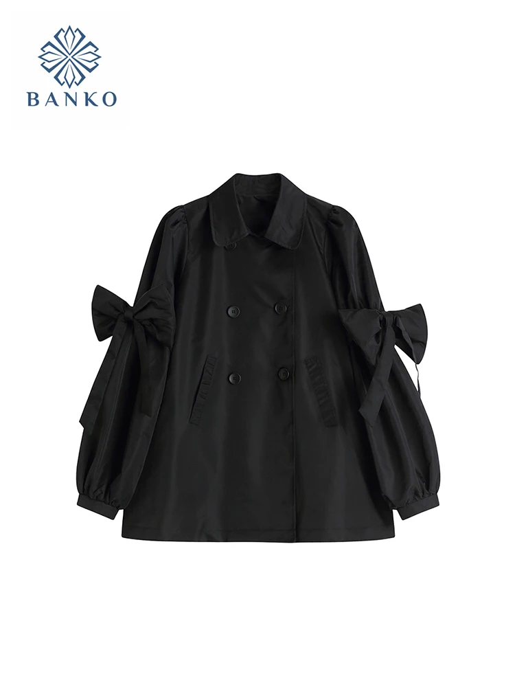 

Elegant Womens Black Trench Coat Retro Windbreaker Streetwear Double Breasted Outerwear Bow Lapel Collar Gothic Autumn Winter