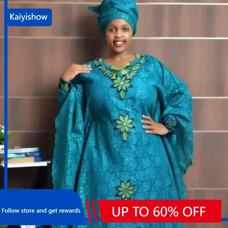 

African Dresses for Women Muslim Fashion Lace Boubou Dashiki Traditional Africa Clothes Ankara Outfits Evening Gown with Headtie