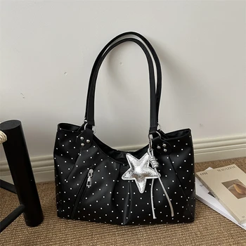 Borsa a Tracolla Coreana a Pois Retrò Carina con Cerniera Vintage Grande Capacità Sottospalla Casual Quotidiana Nuova di Tendenza per Donne Shopping Lavoro
