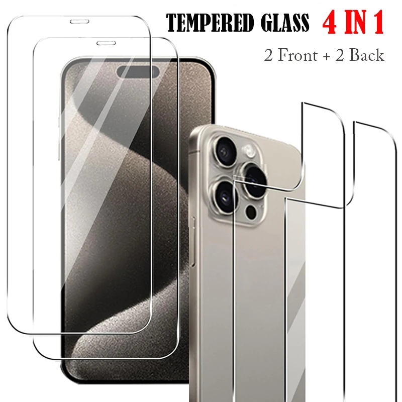 4in1[2 Back + 2 Front Tempered Glass] Clear Glass For iPhone 16 15 14 Plus 13 12 Mini 11 Pro Max 16Pro 15Pro Screen Film