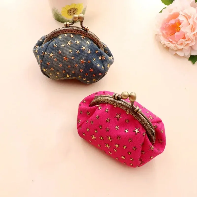 Women Card Bag Denim Fabric Coin Purse Five Pointed Star Buckle Small Wallet Simple Retro Versatile Hand-held Lipstick Key Bags