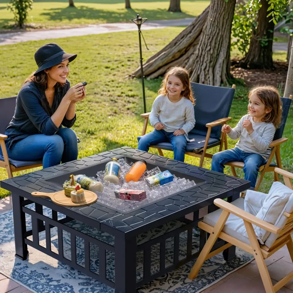Multifunctional Patio Fire Pit Table, 32in Square Metal BBQ Firepit Stove Backyard Garden Fireplace with Spark Screen Li