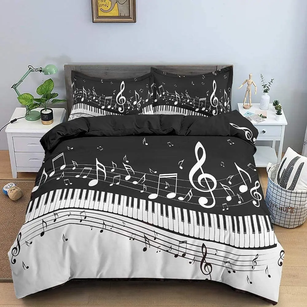

Piano Duvet Cover Set Polyester Rotating Musical Notes Bedding Set for Girls Retro Music Theme Black and White Stave Quilt Cover