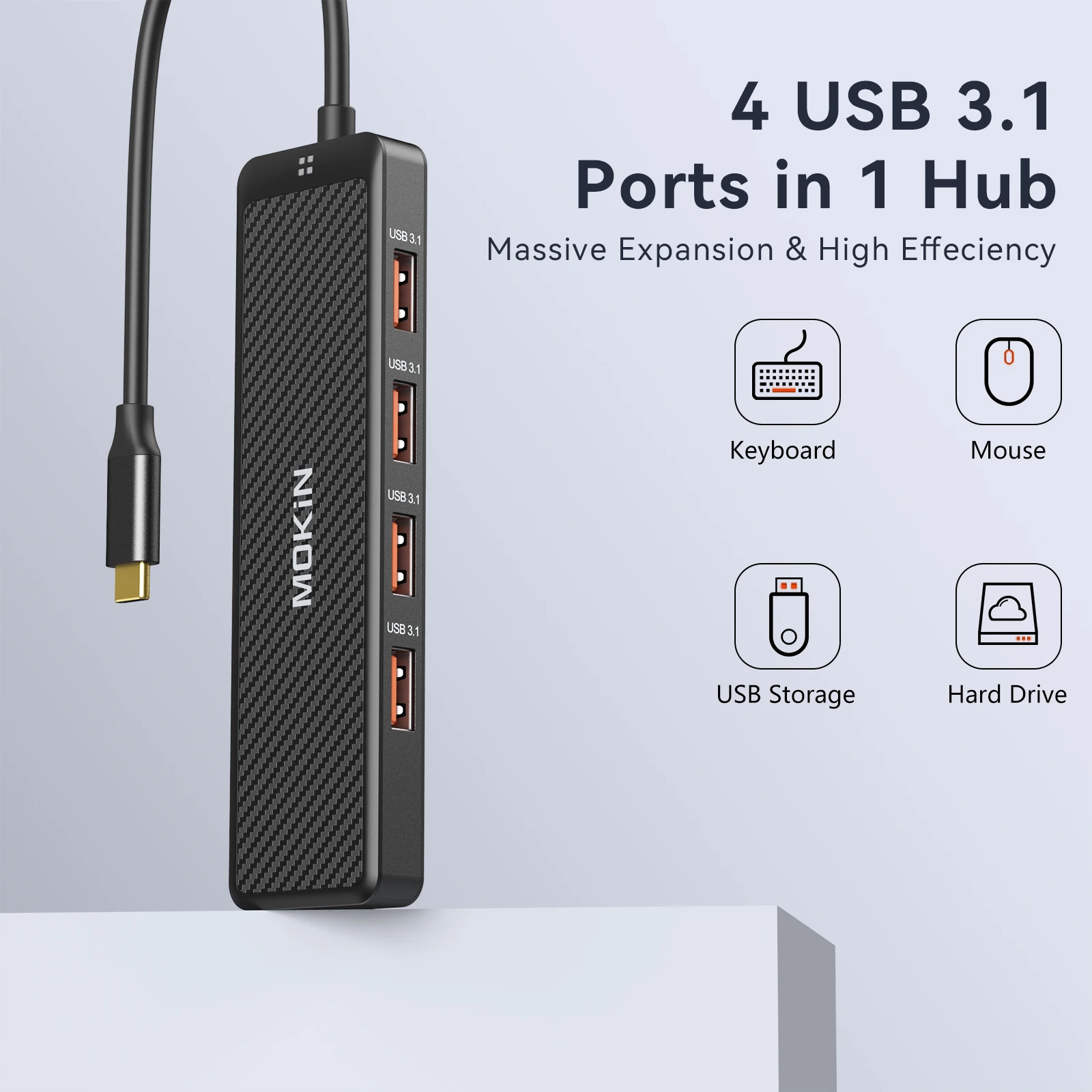 MOKiN 4 USB 3.1 10Gbps USB Hub Adapter Splitter Expander for PC Laptops Xbox Flash Drive HDD Consoler Printer Camera Keyborad 3
