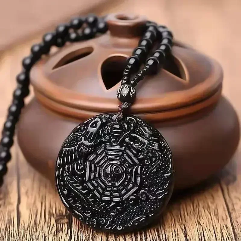 YFN Collana Dragone Nero in Ossidiana con Ciondolo di Drago Cinese Leggendario in Argento Sterling per Donne e Uomini, 10 mm x 20 mm, Argento sterling