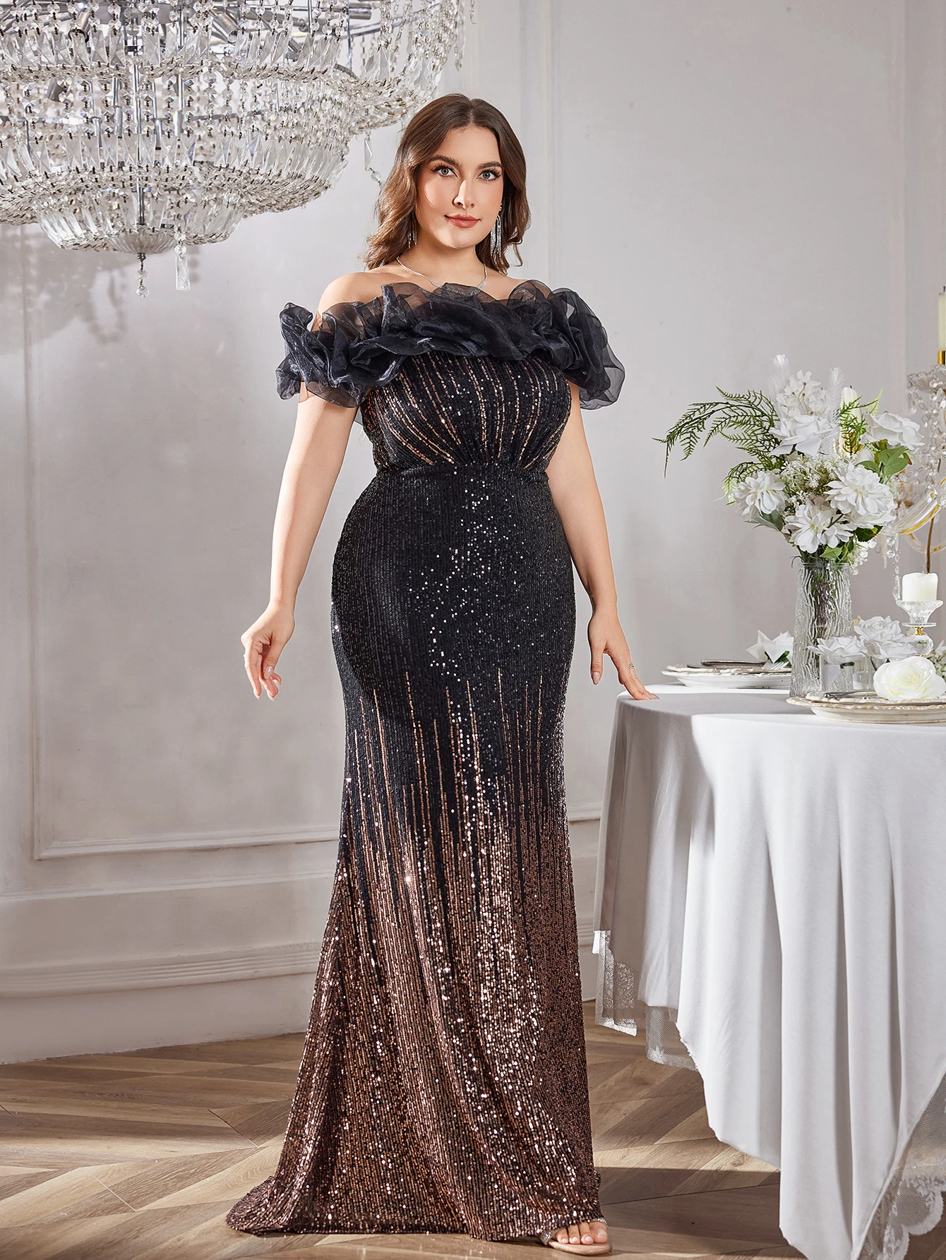 فستان سهرة كتف واحد ترتر متدرج