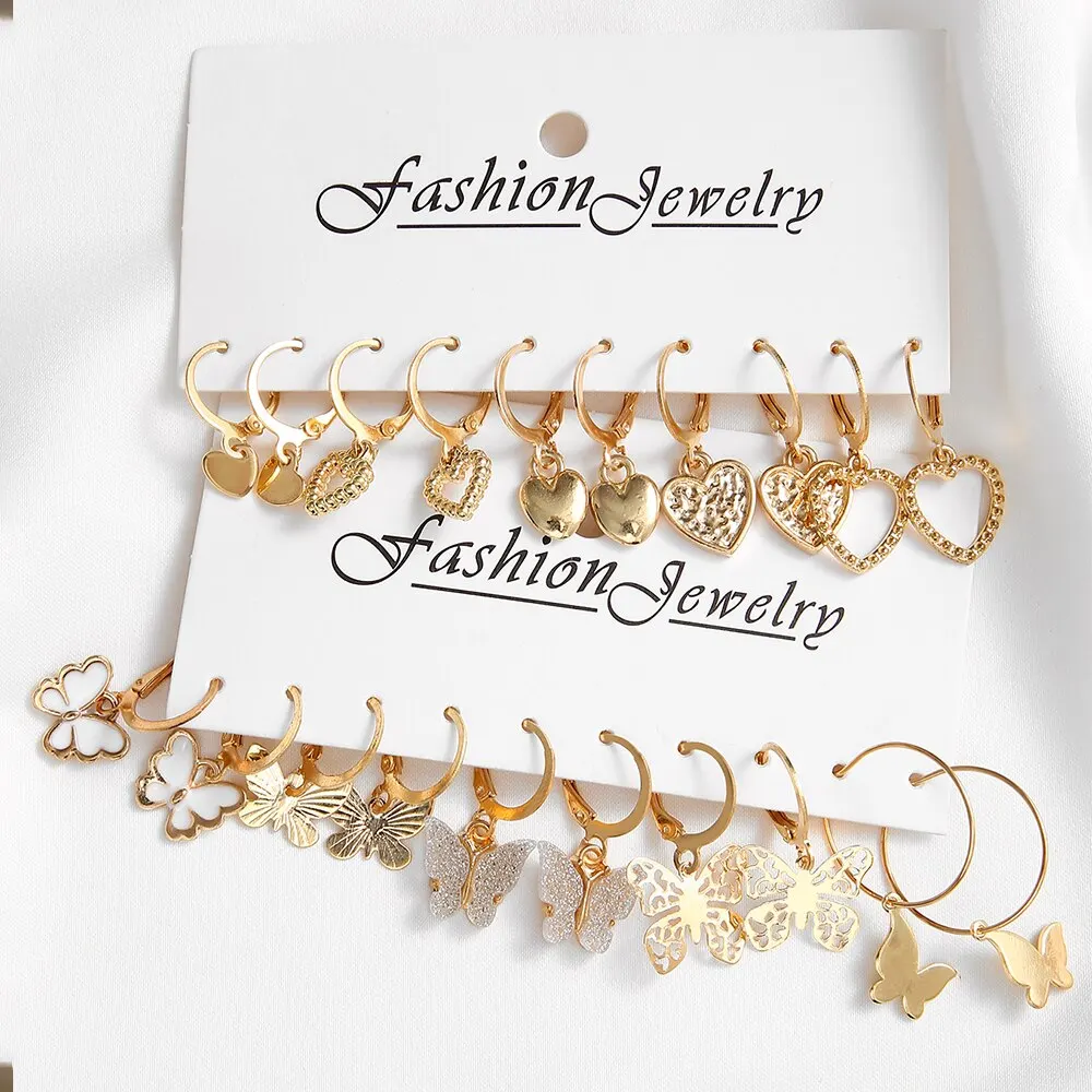 Butterfly Earrings 10pcs Women Earrings New Creative Simple Fashion Temperament Hollowed-out Butterfly Love Earrings Gold-color