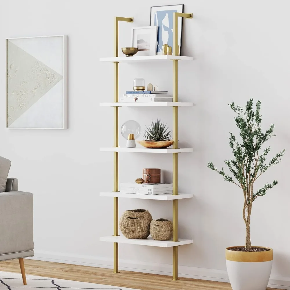 

Theo 5-Shelf Modern Bookcase, Open Wall Mount Ladder Bookshelf with Industrial Metal Frame, White/Gold