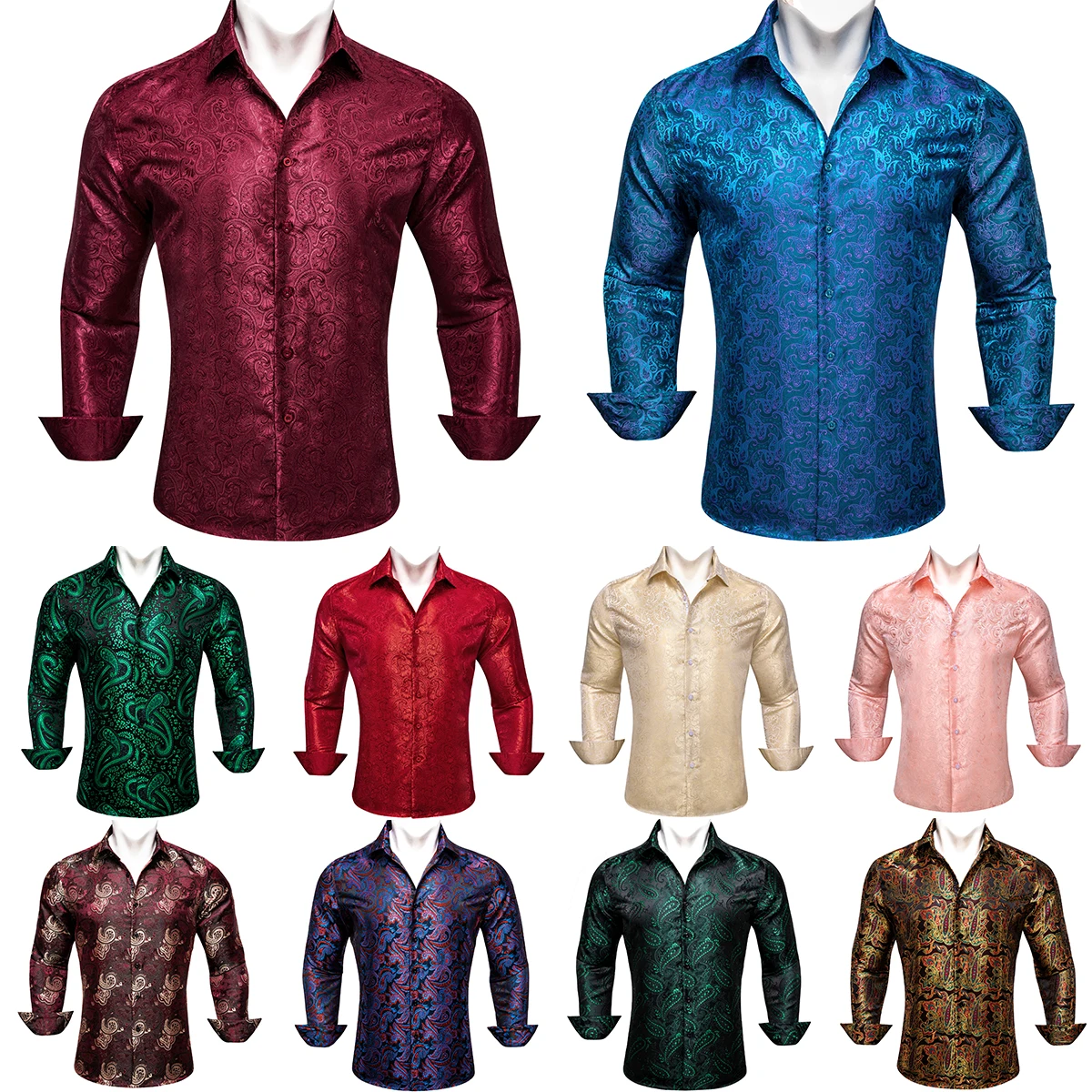 Designer Shirts for Men Silk Long Sleeve Red Blue Green Gold Pink Purple Paisley Slim Fit Male Blouses Casual Tops Barry Wang