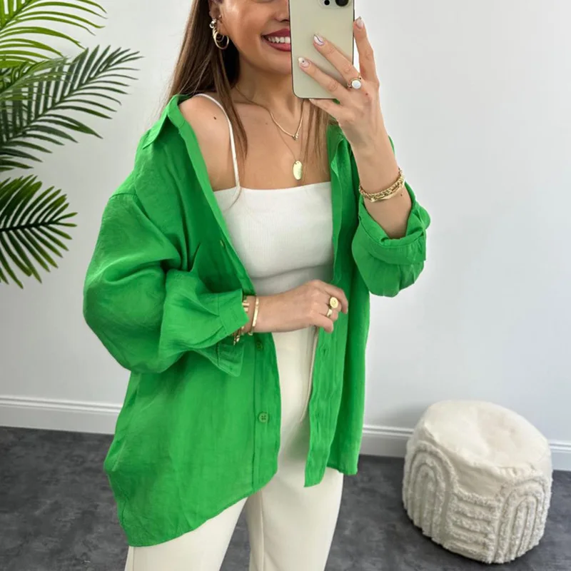 

Autumn Winter Solid Casual Loose Blouse Women Long Sleeve Button All Match Lady Tops Vintage Fashion Shirts Sexy Female Clothes