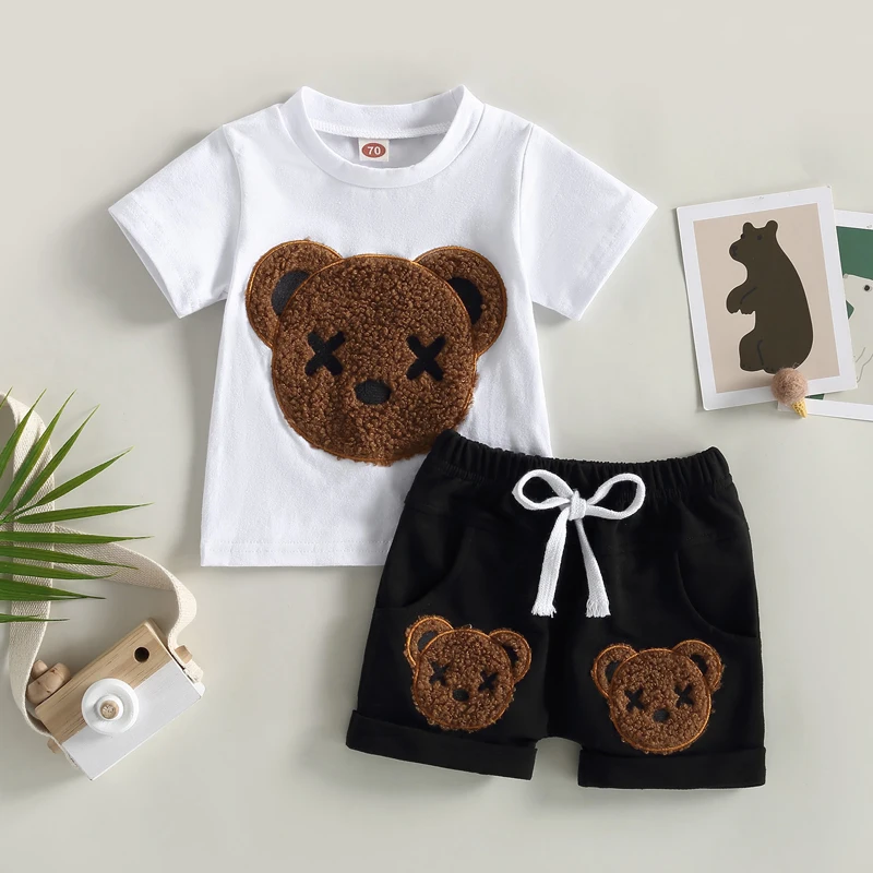 Baby Boys Summer 2-piece Outfits Cartoon Bear Pattern Short Sleeve T-shirt and Casual Elastic Shorts Set