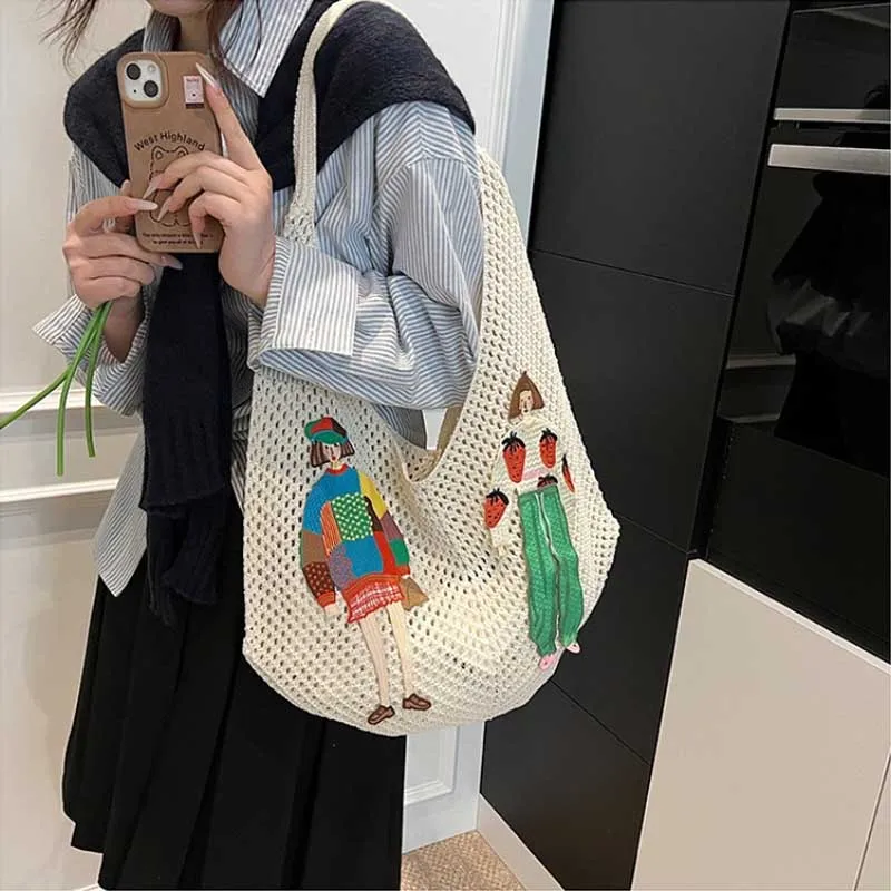Hollow Mesh Knitted Shoulder Bag Beach Vacation Slouchy Chic Cartoon Tote Bag Lightweight Laid-Back Casual Woven Women Handbag