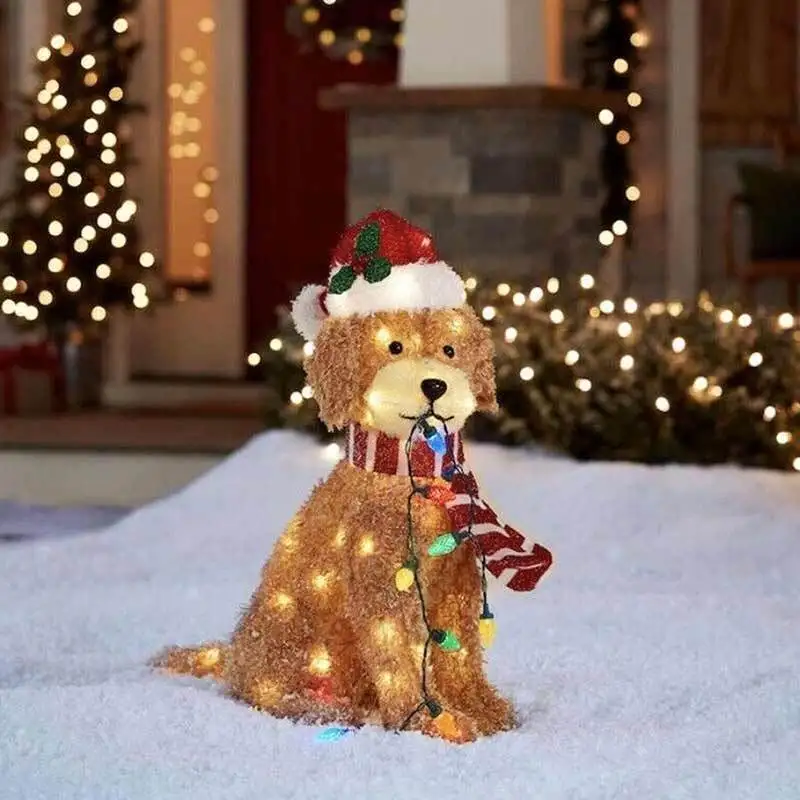 Christmas Lighted Goldendoodle Decor Waterproof LED Dog Figure Ornaments Wearing Xmas Hat for Home Garden Front Pathway Walkway