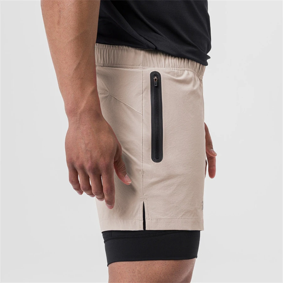 Men Fitness Bodybuilding Shorts Gyms Workout Male Breathable 2 In 1 Double-deck Quick Dry Sportswear Jogger New Beach Shorts Men
